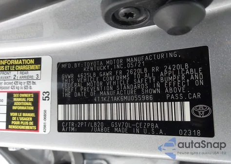 2021 Toyota Camry Xse V6 z USA, uszkodzony, nr VIN 4T1KZ1AK6MU055986